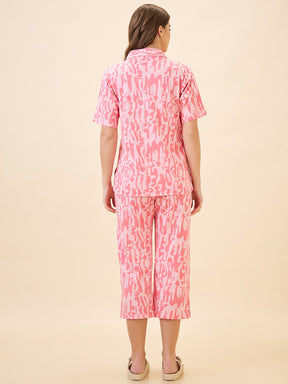 AV2 Women's Cotton Printed Shirt Collar Short Sleeve Nightsuit Set | Capri Set | Casual Night Dress for Women - Pink 2892A