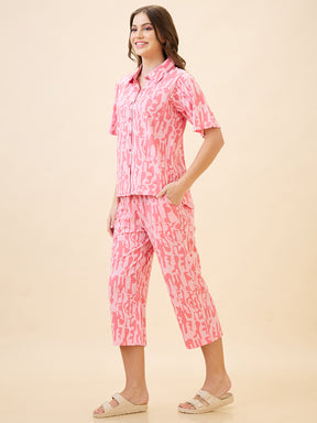 AV2 Women's Cotton Printed Shirt Collar Short Sleeve Nightsuit Set | Capri Set | Casual Night Dress for Women - Pink 2892A