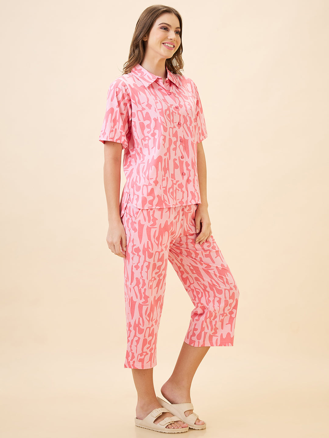 AV2 Women's Cotton Printed Shirt Collar Short Sleeve Nightsuit Set | Capri Set | Casual Night Dress for Women - Pink 2892A