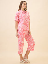 AV2 Women's Cotton Printed Shirt Collar Short Sleeve Nightsuit Set | Capri Set | Casual Night Dress for Women - Pink 2892A