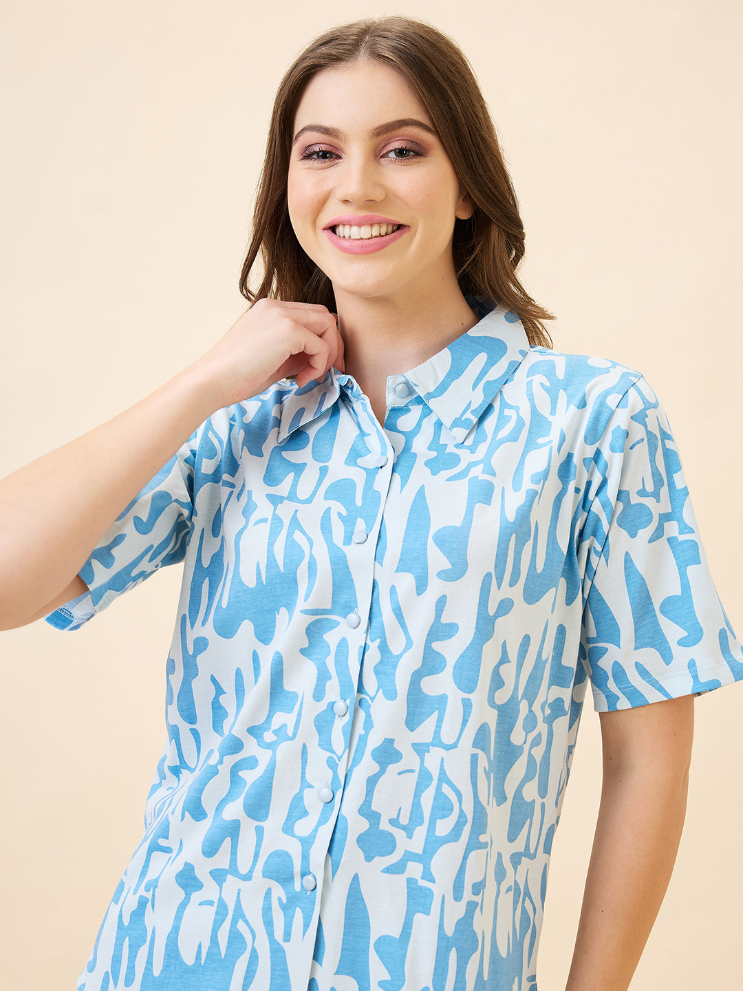 AV2 Women's Cotton Printed Shirt Collar Short Sleeve Nightsuit Set | Capri Set | Casual Night Dress for Women - Blue 2892B
