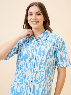 AV2 Women's Cotton Printed Shirt Collar Short Sleeve Nightsuit Set | Capri Set | Casual Night Dress for Women - Blue 2892B
