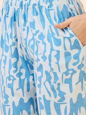 AV2 Women's Cotton Printed Shirt Collar Short Sleeve Nightsuit Set | Capri Set | Casual Night Dress for Women - Blue 2892B