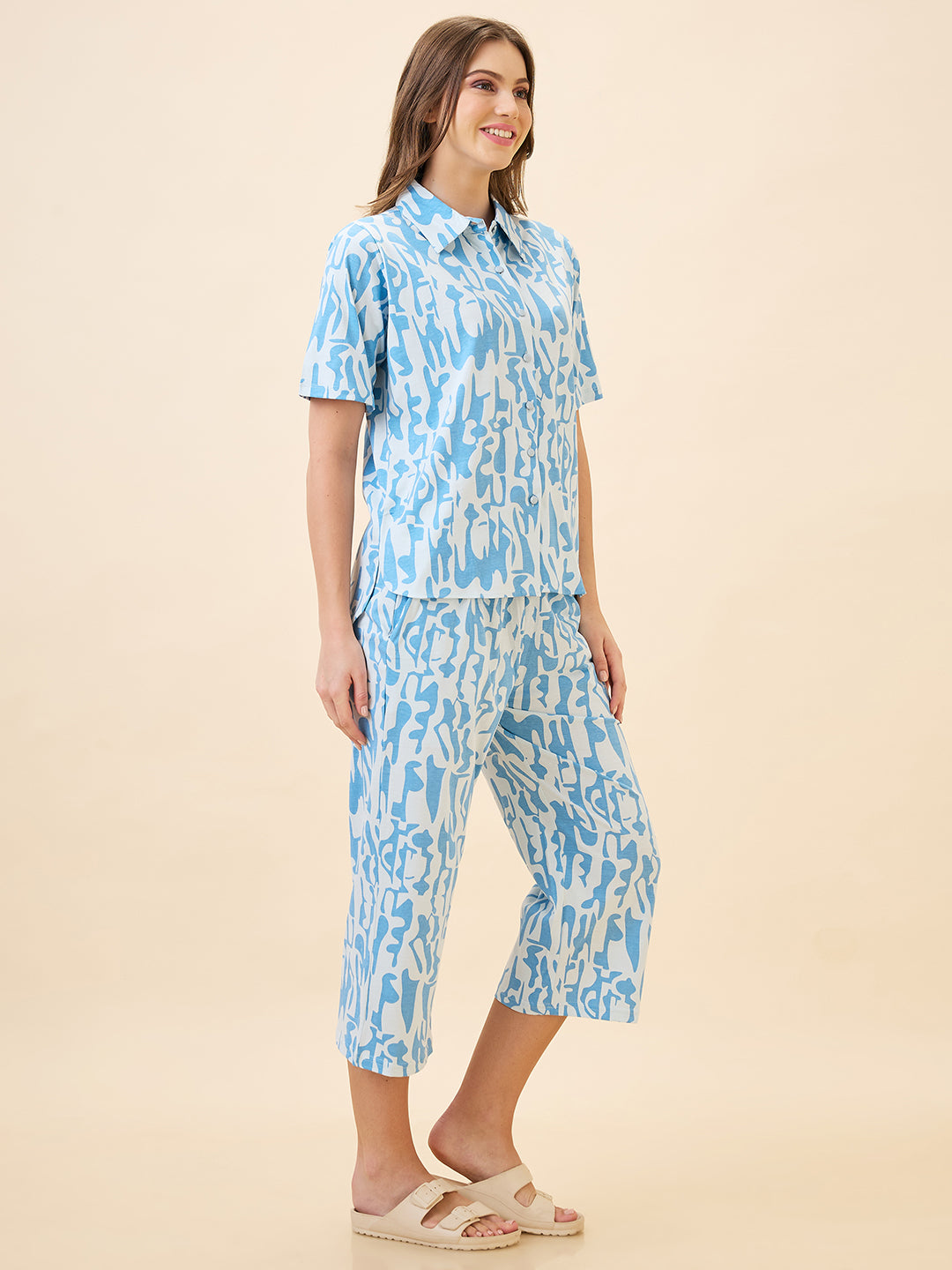 AV2 Women's Cotton Printed Shirt Collar Short Sleeve Nightsuit Set | Capri Set | Casual Night Dress for Women - Blue 2892B