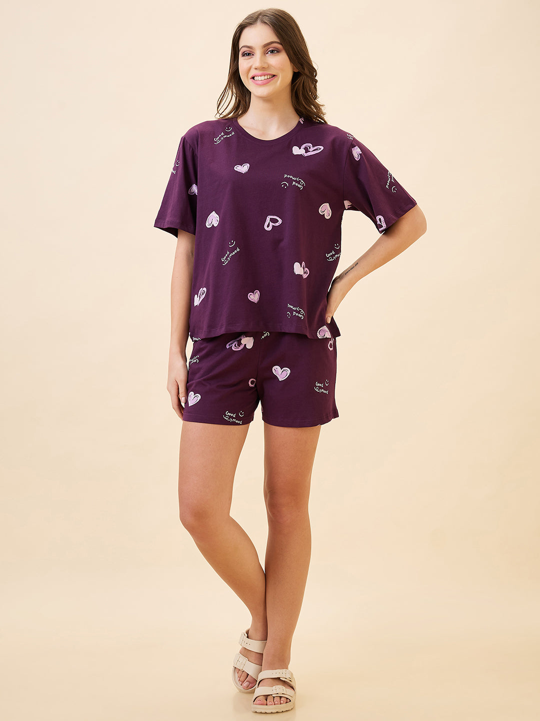 AV2 Women's Cotton Printed Round Neck Short Sleeve Night Suit Set | Bermuda Shorts Set | Casual Night Dress for Women - Purple 2893A