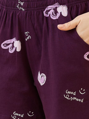 AV2 Women's Cotton Printed Round Neck Short Sleeve Night Suit Set | Bermuda Shorts Set | Casual Night Dress for Women - Purple 2893A