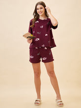 AV2 Women's Cotton Printed Round Neck Short Sleeve Night Suit Set | Bermuda Shorts Set | Casual Night Dress for Women - Maroon 2893B