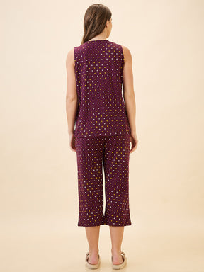 AV2 Women's Cotton Printed Round Neck Sleeveless Nightsuit Set | Capri Set | Casual Night Dress for Women - Maroon 2894A