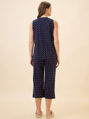 AV2 Women's Cotton Printed Round Neck Sleeveless Nightsuit Set | Capri Set | Casual Night Dress for Women - Navy 2894B
