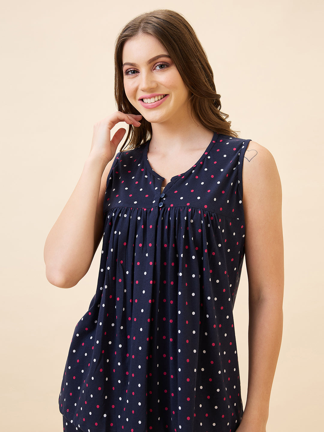AV2 Women's Cotton Printed Round Neck Sleeveless Nightsuit Set | Capri Set | Casual Night Dress for Women - Navy 2894B
