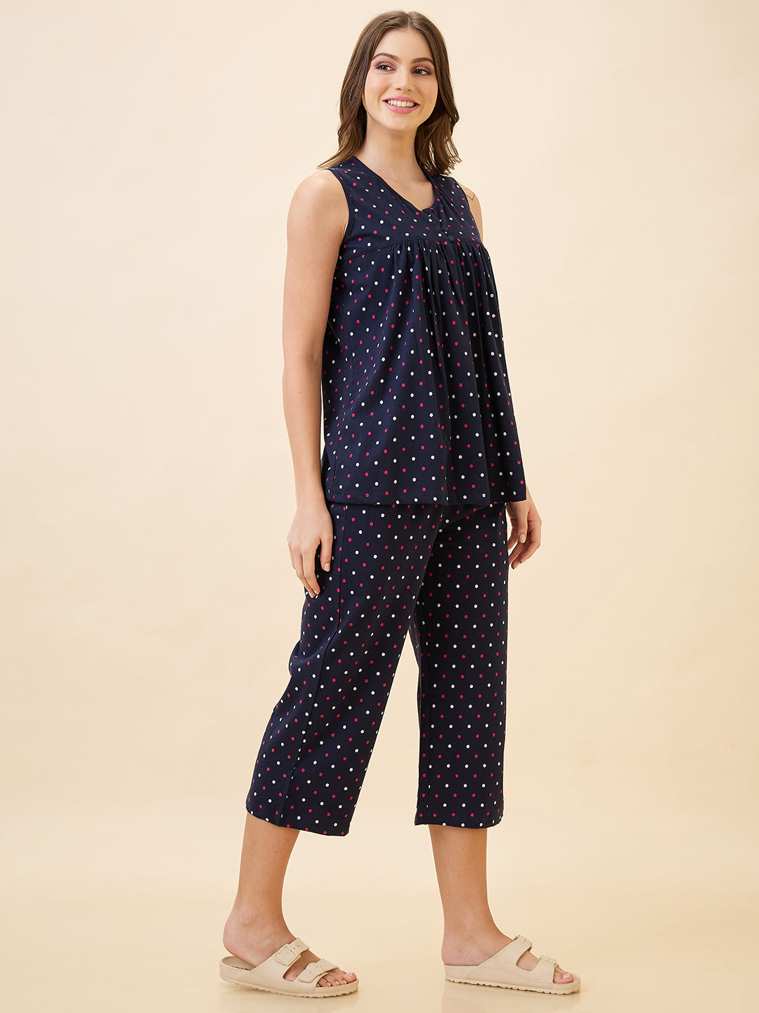 AV2 Women's Cotton Printed Round Neck Sleeveless Nightsuit Set | Capri Set | Casual Night Dress for Women - Navy 2894B