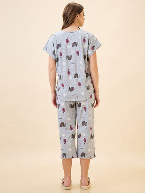 AV2 Women's Cotton Printed Round Neck Short Sleeve Night Suit Set | Capri Set | Casual Night Dress for Women - Grey 2895A