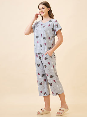 AV2 Women's Cotton Printed Round Neck Short Sleeve Night Suit Set | Capri Set | Casual Night Dress for Women - Grey 2895A