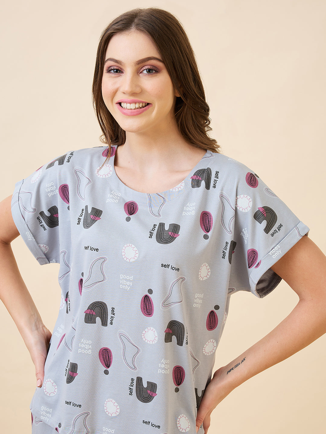 AV2 Women's Cotton Printed Round Neck Short Sleeve Night Suit Set | Capri Set | Casual Night Dress for Women - Grey 2895A