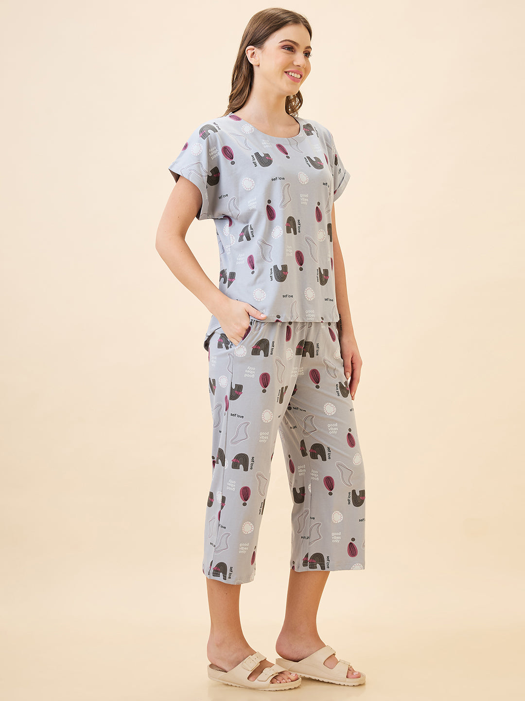 AV2 Women's Cotton Printed Round Neck Short Sleeve Night Suit Set | Capri Set | Casual Night Dress for Women - Grey 2895A