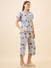 AV2 Women's Cotton Printed Round Neck Short Sleeve Night Suit Set | Capri Set | Casual Night Dress for Women - Grey 2895A