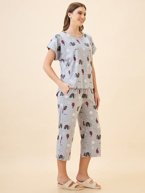 AV2 Women's Cotton Printed Round Neck Short Sleeve Night Suit Set | Capri Set | Casual Night Dress for Women - Grey 2895A