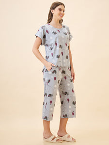 AV2 Women's Cotton Printed Round Neck Short Sleeve Night Suit Set | Capri Set | Casual Night Dress for Women - Grey 2895A