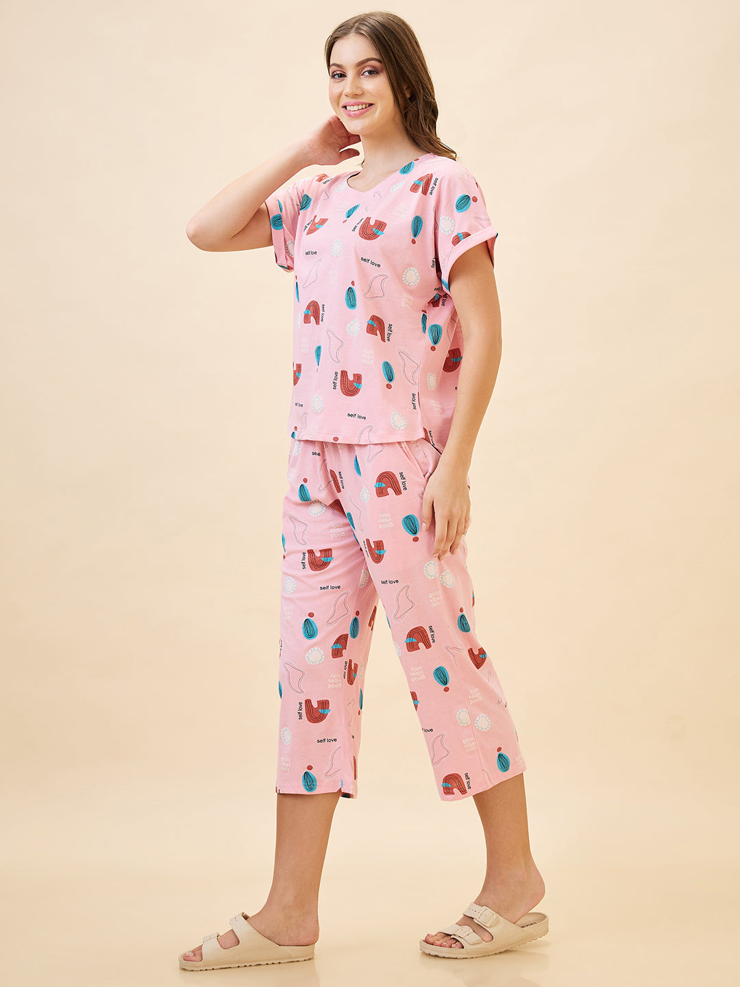 AV2 Women's Cotton Printed Round Neck Short Sleeve Night Suit Set | Capri Set | Casual Night Dress for Women - Pink 2895B