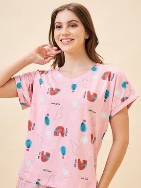 AV2 Women's Cotton Printed Round Neck Short Sleeve Night Suit Set | Capri Set | Casual Night Dress for Women - Pink 2895B