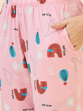 AV2 Women's Cotton Printed Round Neck Short Sleeve Night Suit Set | Capri Set | Casual Night Dress for Women - Pink 2895B