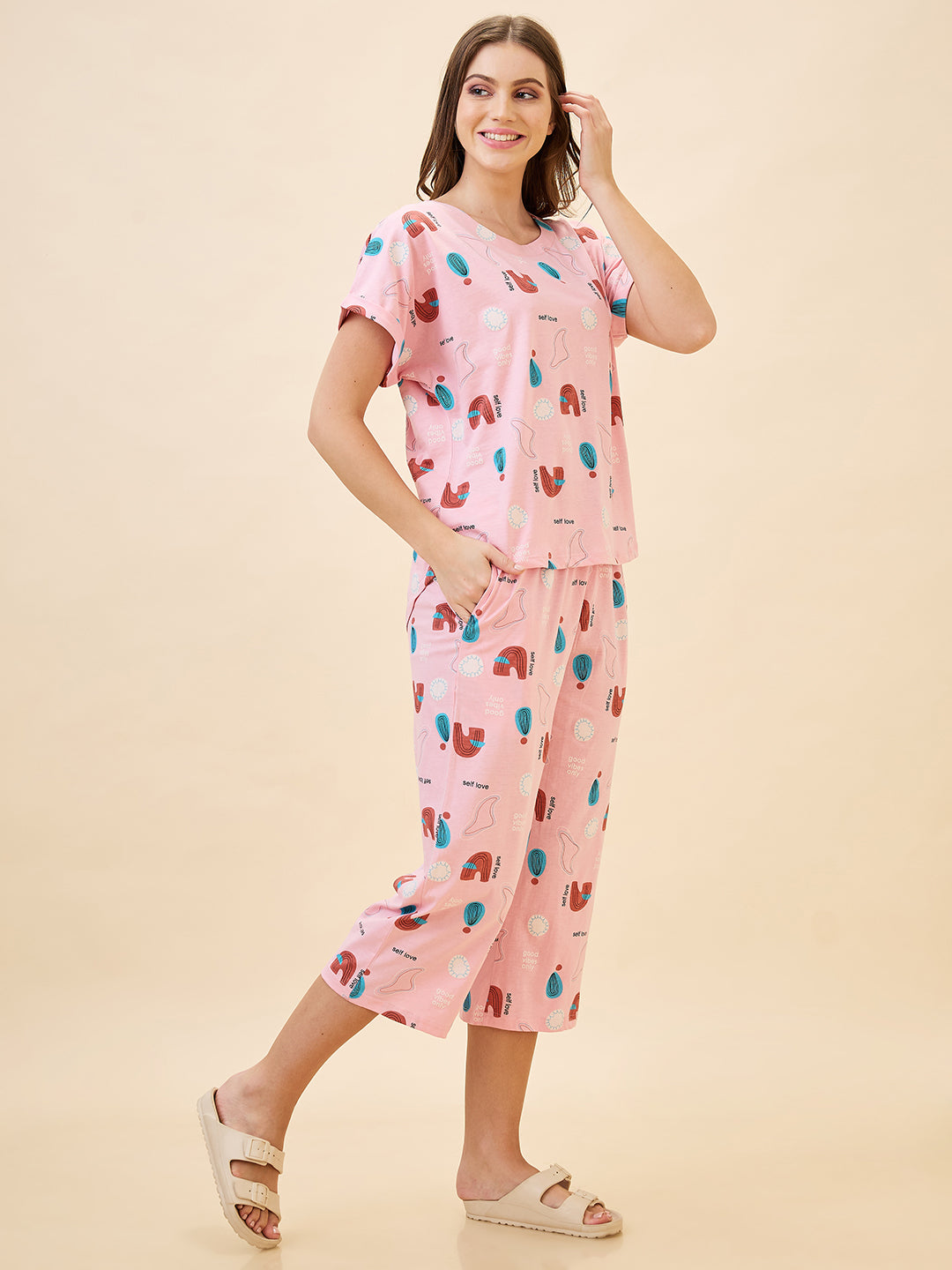 AV2 Women's Cotton Printed Round Neck Short Sleeve Night Suit Set | Capri Set | Casual Night Dress for Women - Pink 2895B