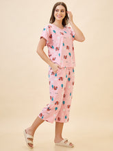 AV2 Women's Cotton Printed Round Neck Short Sleeve Night Suit Set | Capri Set | Casual Night Dress for Women - Pink 2895B