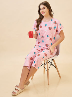 AV2 Women's Cotton Printed Round Neck Short Sleeve Night Suit Set | Capri Set | Casual Night Dress for Women - Pink 2895B