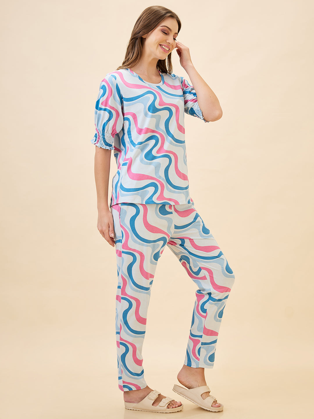 AV2 Women's Cotton Printed Short Sleeve Night Suit Set | Pajama Set | Casual Night Dress for Women | Airport Look Coord Set - Blue 2901B
