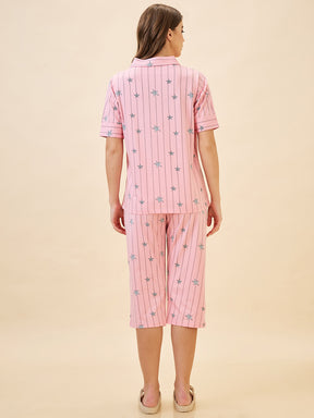 AV2 Women's Cotton Printed Short Sleeve Night Suit Set | Capri Set | Casual Night Dress for Women - Pink 2910A