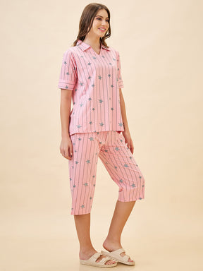AV2 Women's Cotton Printed Short Sleeve Night Suit Set | Capri Set | Casual Night Dress for Women - Pink 2910A