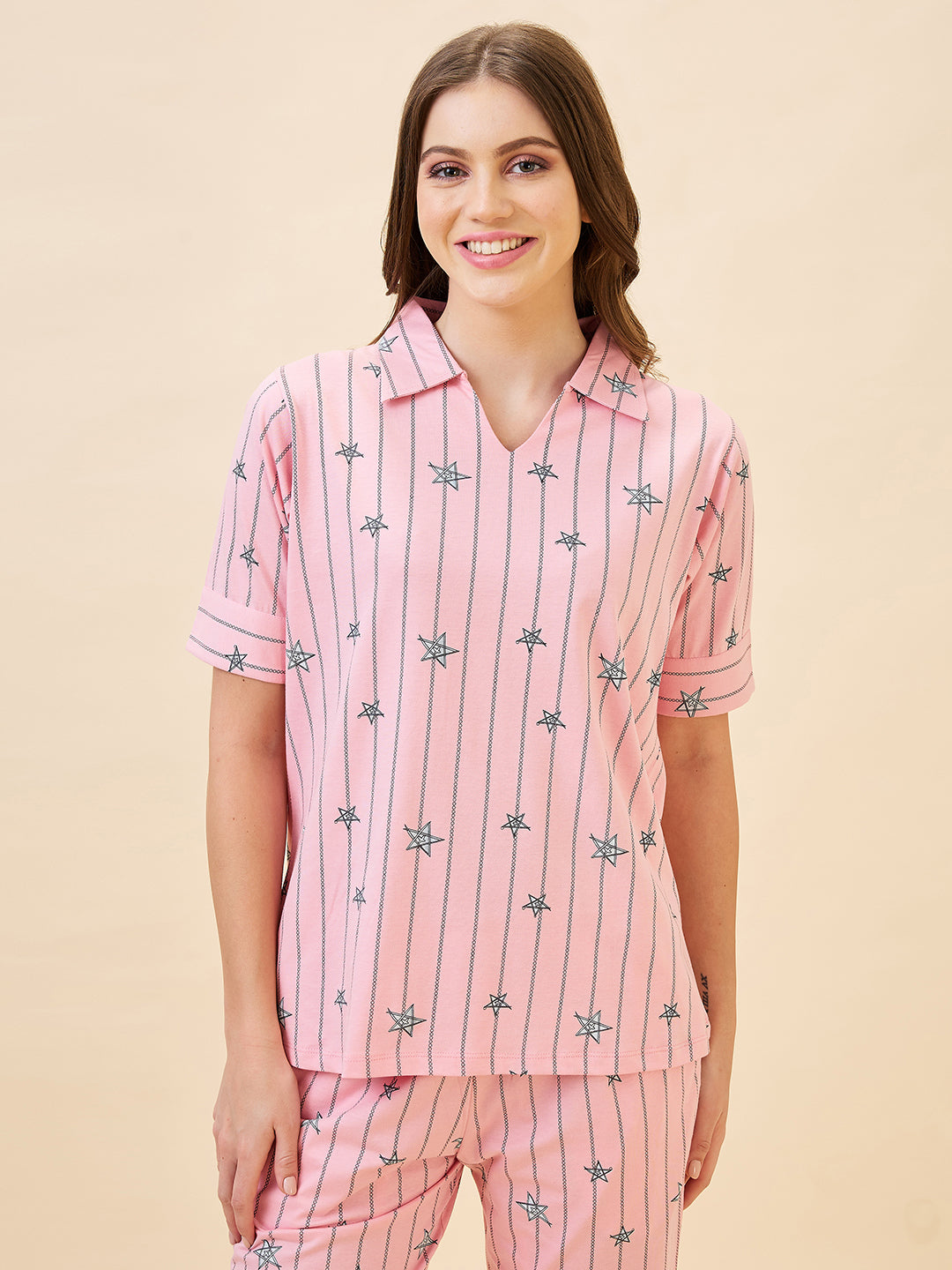 AV2 Women's Cotton Printed Short Sleeve Night Suit Set | Capri Set | Casual Night Dress for Women - Pink 2910A