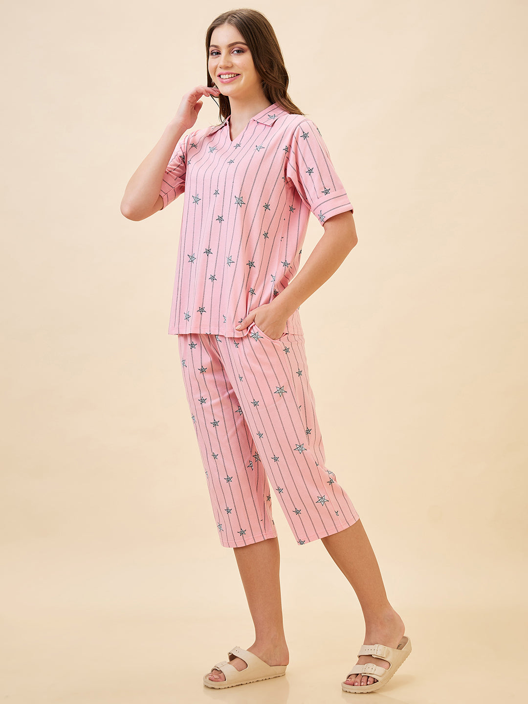AV2 Women's Cotton Printed Short Sleeve Night Suit Set | Capri Set | Casual Night Dress for Women - Pink 2910A
