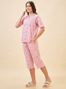 AV2 Women's Cotton Printed Short Sleeve Night Suit Set | Capri Set | Casual Night Dress for Women - Pink 2910A