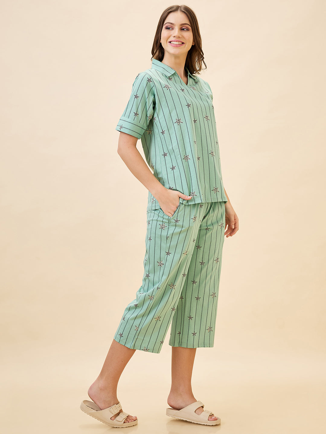 AV2 Women's Cotton Printed Short Sleeve Night Suit Set | Capri Set | Casual Night Dress for Women - Green 2910B