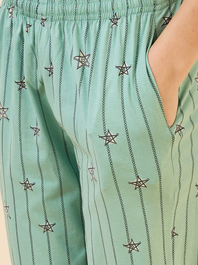 AV2 Women's Cotton Printed Short Sleeve Night Suit Set | Capri Set | Casual Night Dress for Women - Green 2910B