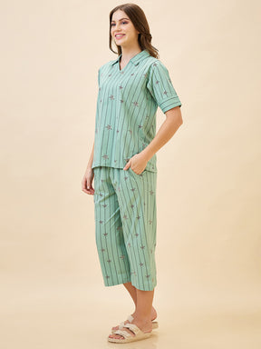 AV2 Women's Cotton Printed Short Sleeve Night Suit Set | Capri Set | Casual Night Dress for Women - Green 2910B
