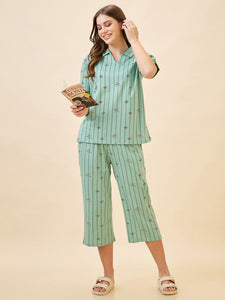 AV2 Women's Cotton Printed Short Sleeve Night Suit Set | Capri Set | Casual Night Dress for Women - Green 2910B