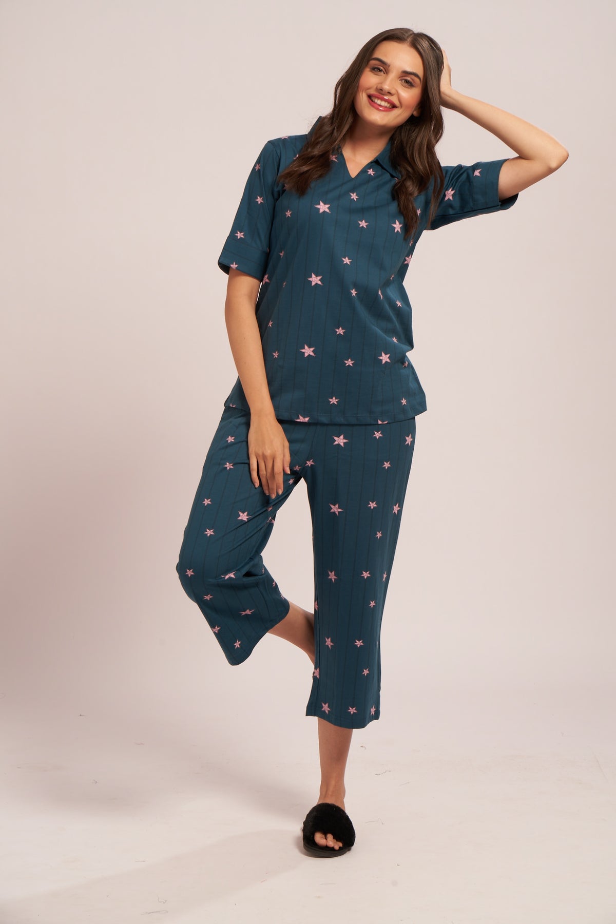 AV2 Women's Cotton Printed Short Sleeve Night Suit Set | Capri Set | Casual Night Dress for Women - Teal 2910C