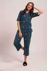 AV2 Women's Cotton Printed Short Sleeve Night Suit Set | Capri Set | Casual Night Dress for Women - Teal 2910C