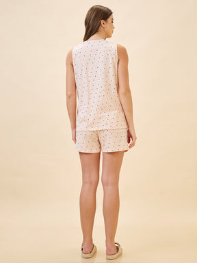 AV2 Women's Cotton Printed Round Neck Sleeveless Nightsuit Set | Bermuda Shorts Set | Casual Night Dress for Women | Beige | 2912A