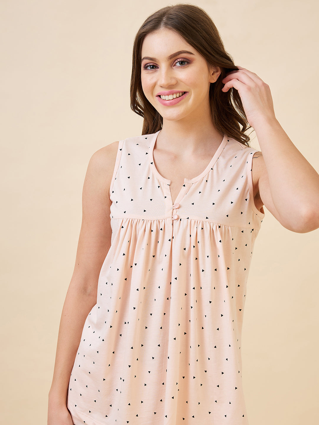 AV2 Women's Cotton Printed Round Neck Sleeveless Nightsuit Set | Bermuda Shorts Set | Casual Night Dress for Women | Beige | 2912A