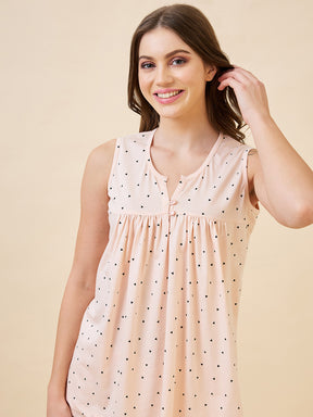 AV2 Women's Cotton Printed Round Neck Sleeveless Nightsuit Set | Bermuda Shorts Set | Casual Night Dress for Women | Beige | 2912A
