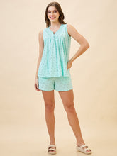 AV2 Women's Cotton Printed Round Neck Sleeveless Nightsuit Set | Bermuda Shorts Set | Casual Night Dress for Women | Turq | 2912B