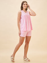 AV2 Women's Cotton Printed Round Neck Sleeveless Nightsuit Set | Bermuda Shorts Set | Casual Night Dress for Women | Pink | 2912C