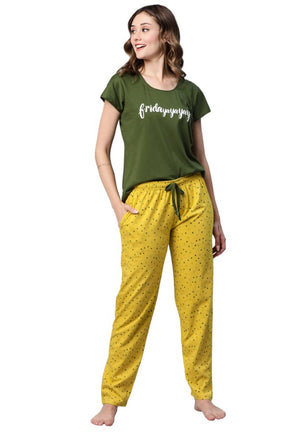 AV2 Women Cotton "Fridayyyy" Printed Nightsuit set Olive - 2978B