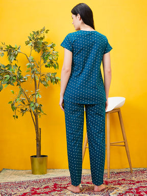 AV2 Women Cotton Printed Maternity & Feeding Top & Pyjama Set - Turq 2993A