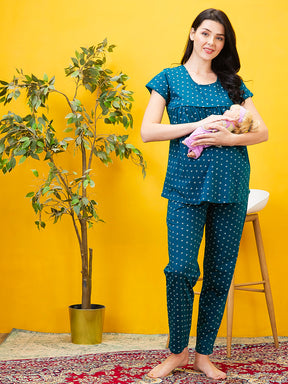 AV2 Women Cotton Printed Maternity & Feeding Top & Pyjama Set - Turq 2993A