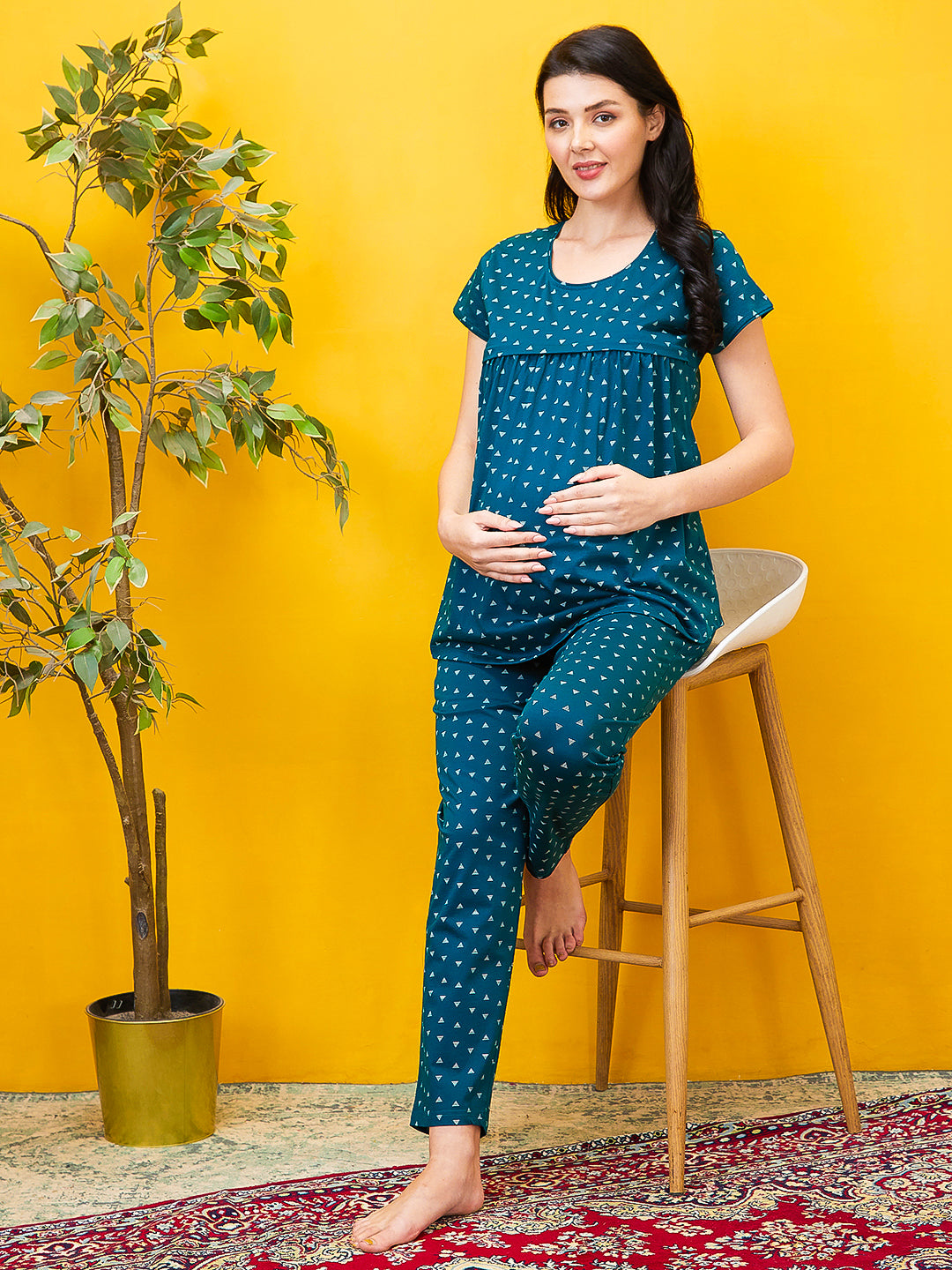AV2 Women Cotton Printed Maternity & Feeding Top & Pyjama Set - Turq 2993A