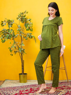 AV2 Women Cotton Printed Maternity & Feeding Top & Pyjama Set - Olive 2993B